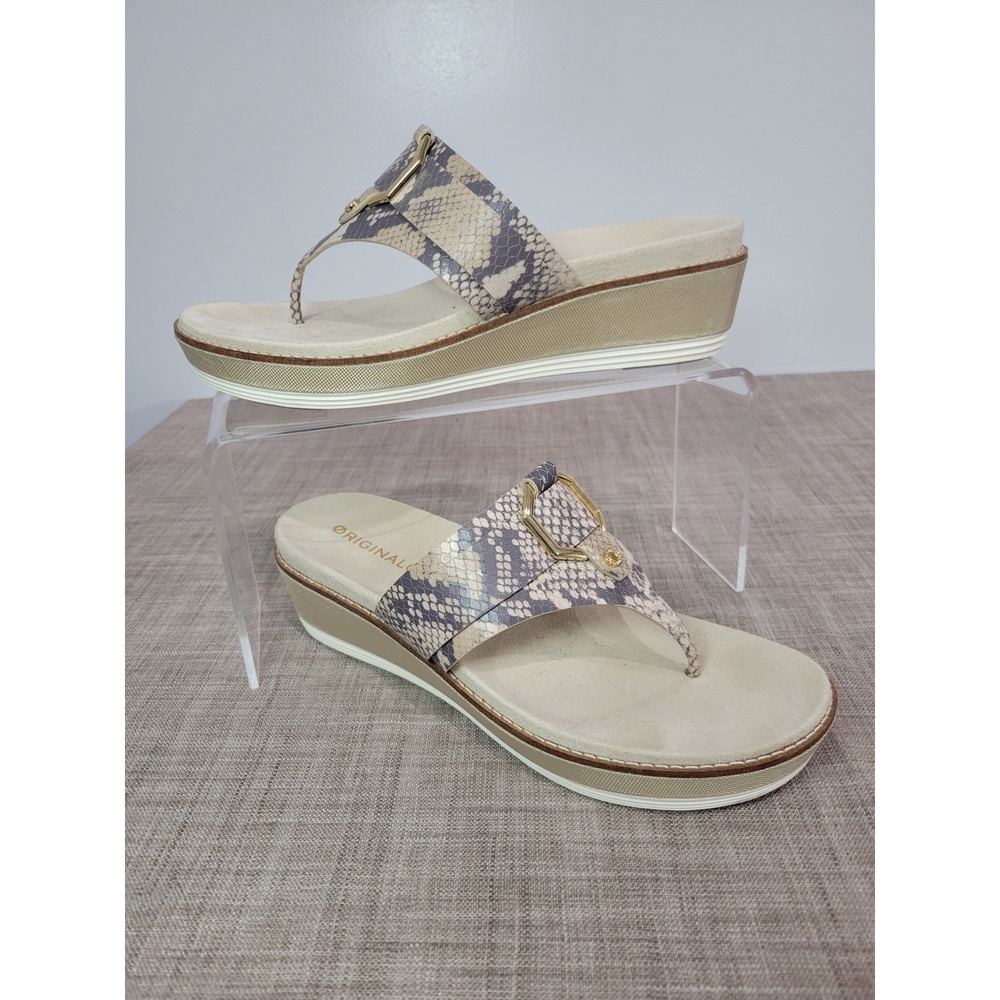 Cole Haan OriginalGrand Women 8.5B Snakeskin Wedge Flip Flop Sandal Beige W21358